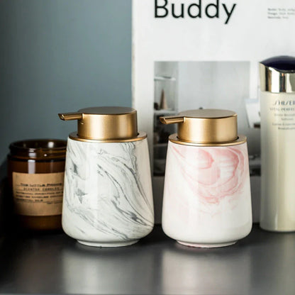 A luxury ceramic foaming soap dispenser with a sleek, sophisticated design for bathrooms and kitchens.