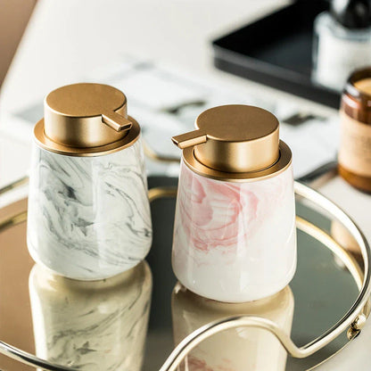 A luxury ceramic foaming soap dispenser with a sleek, sophisticated design for bathrooms and kitchens.