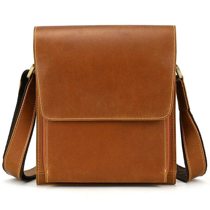 Men's Leather Top Layer Cowhide Flap Shoulder Bag in Brown Color