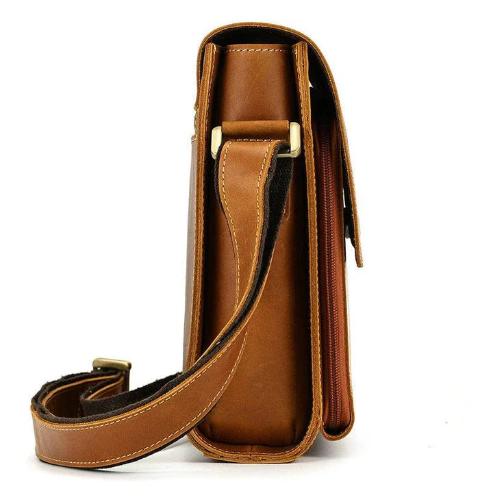 Men's Leather Top Layer Cowhide Flap Shoulder Bag in Brown Color