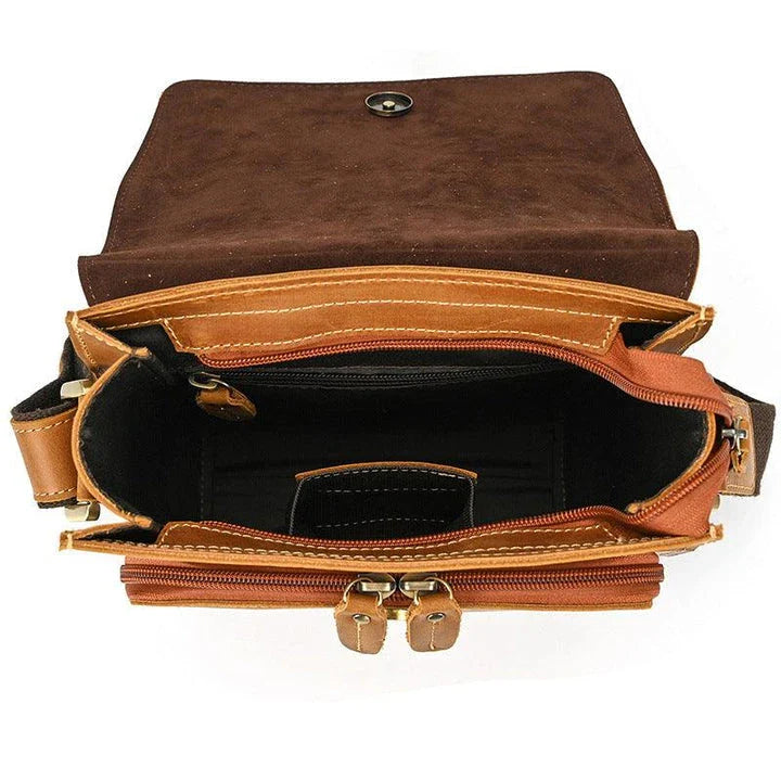 Men's Leather Top Layer Cowhide Flap Shoulder Bag in Brown Color