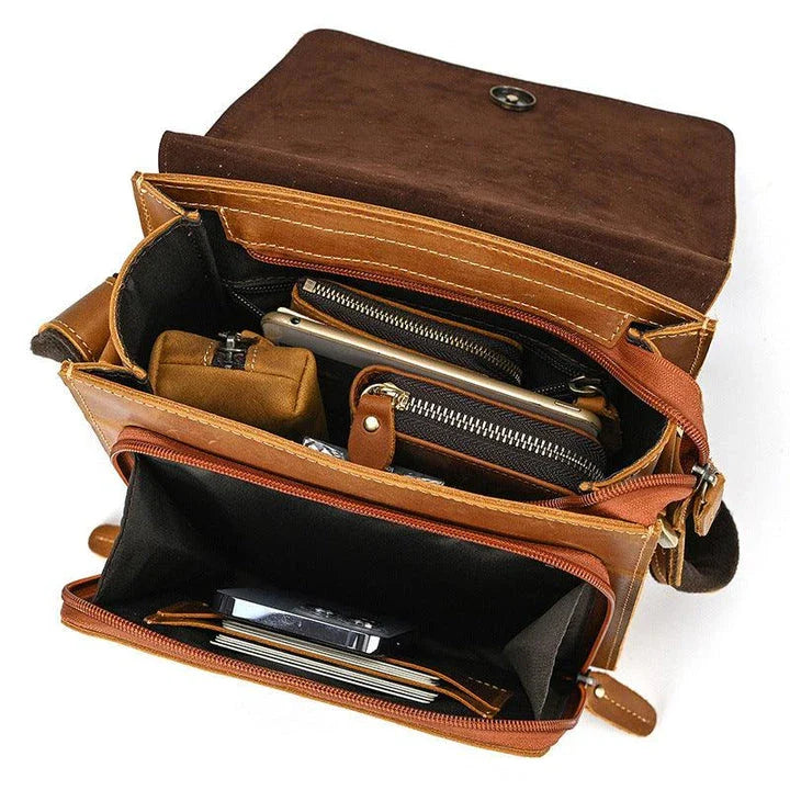 Men's Leather Top Layer Cowhide Flap Shoulder Bag in Brown Color