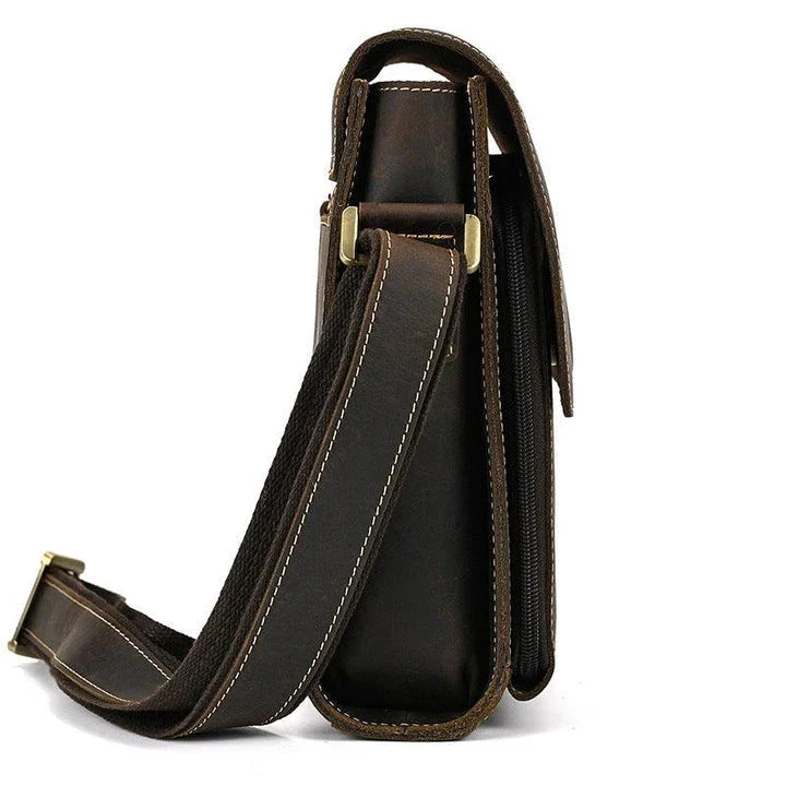 Men's Leather Top Layer Cowhide Flap Shoulder Bag in Brown Color