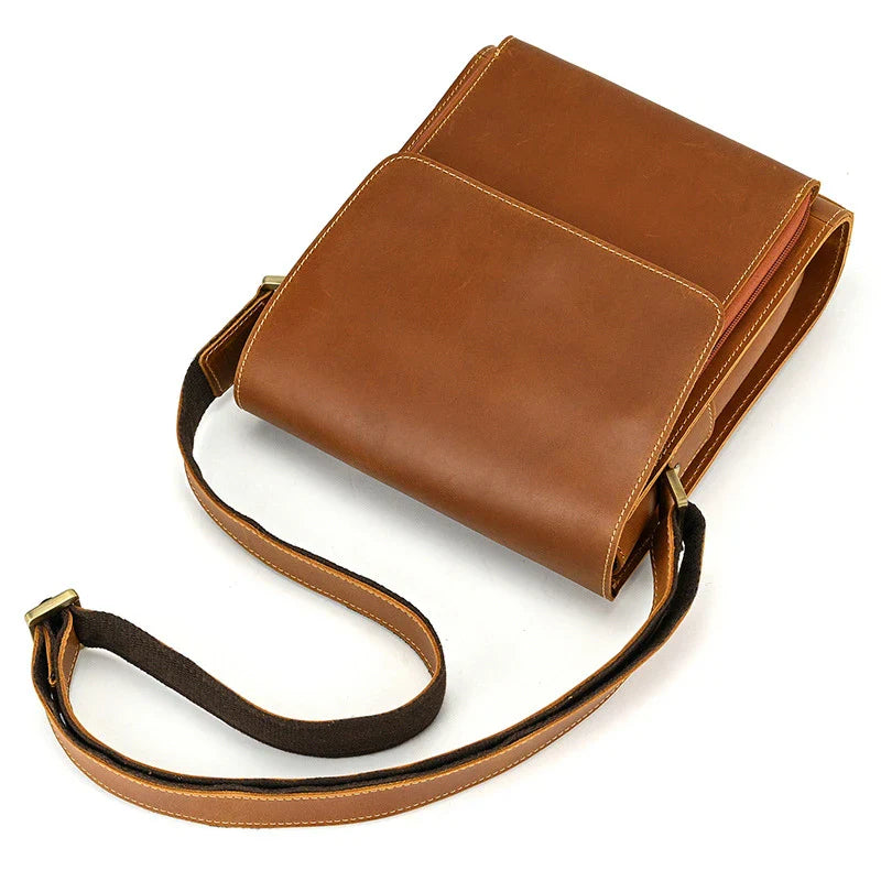 Men's Leather Top Layer Cowhide Flap Shoulder Bag in Brown Color