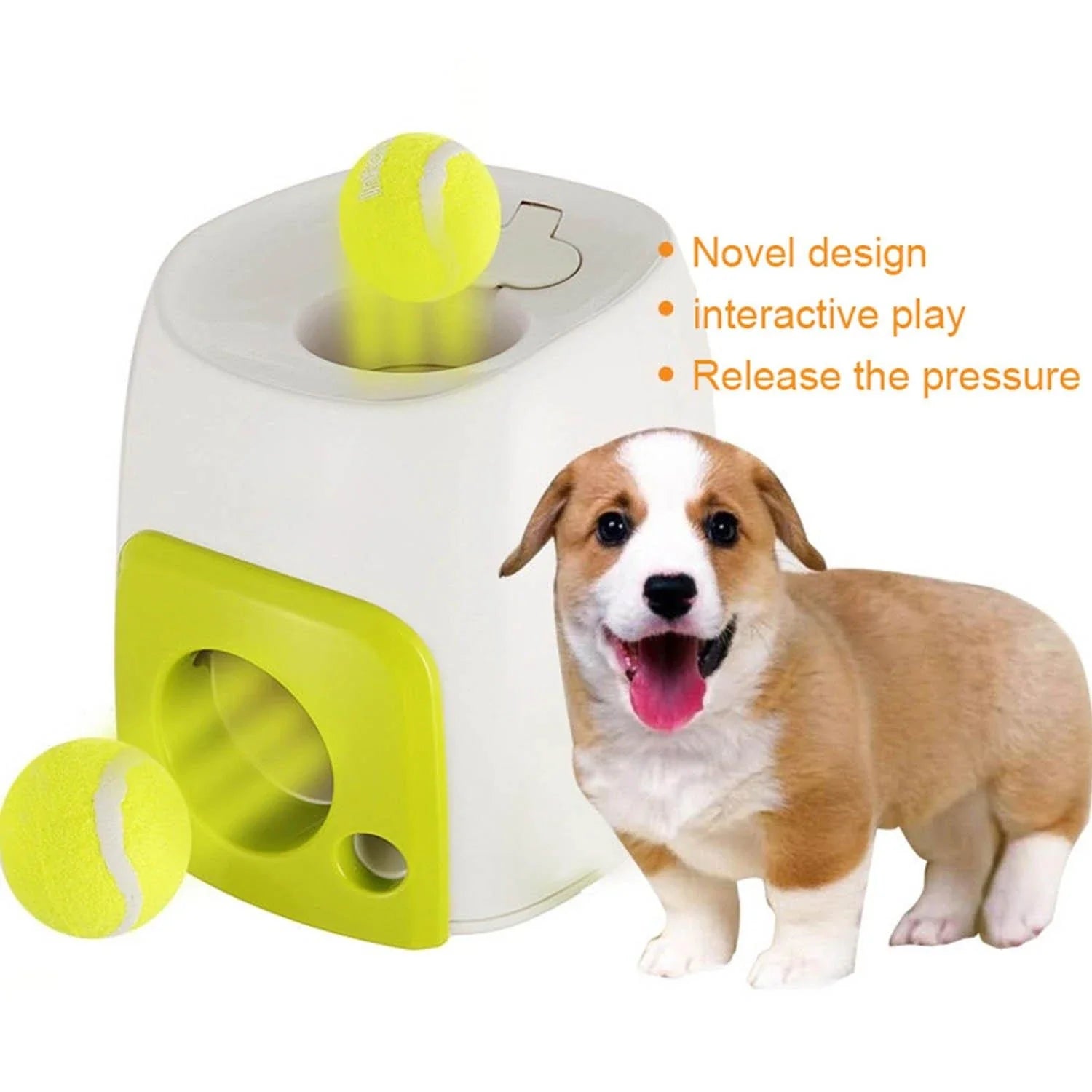 Automatic Dog Toy Ball Launcher with adjustable range and included tennis balls for interactive playtime