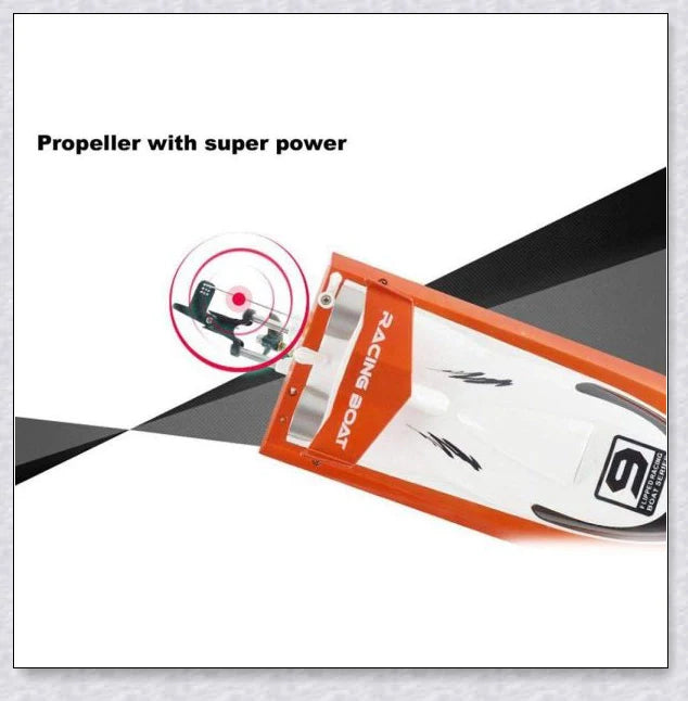 Remote-controlled RC Speed Turbo Racing Boat with a high-intensity propeller and compact, streamlined design for high-speed performance on the water