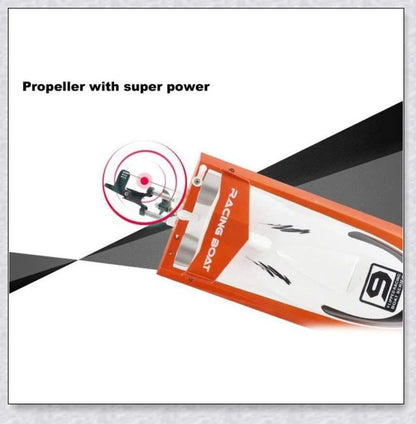 Remote-controlled RC Speed Turbo Racing Boat with a high-intensity propeller and compact, streamlined design for high-speed performance on the water