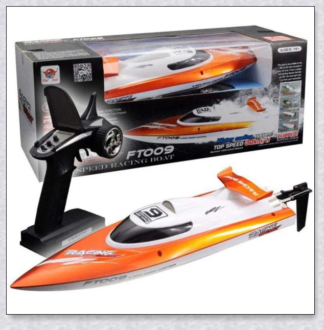 Remote-controlled RC Speed Turbo Racing Boat with a high-intensity propeller and compact, streamlined design for high-speed performance on the water