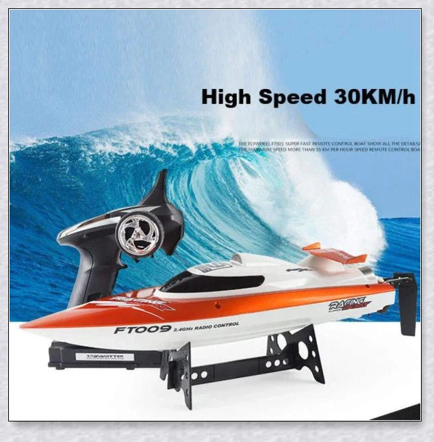 Remote-controlled RC Speed Turbo Racing Boat with a high-intensity propeller and compact, streamlined design for high-speed performance on the water
