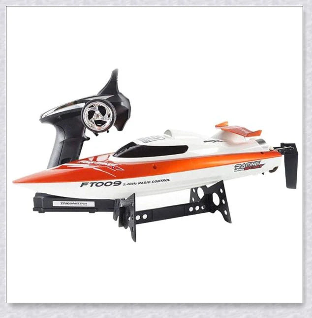 Remote-controlled RC Speed Turbo Racing Boat with a high-intensity propeller and compact, streamlined design for high-speed performance on the water