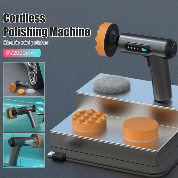 Wireless car polishing and buffing machine with multiple discs for efficient car detailing and a sleek, gunmetal gray design.