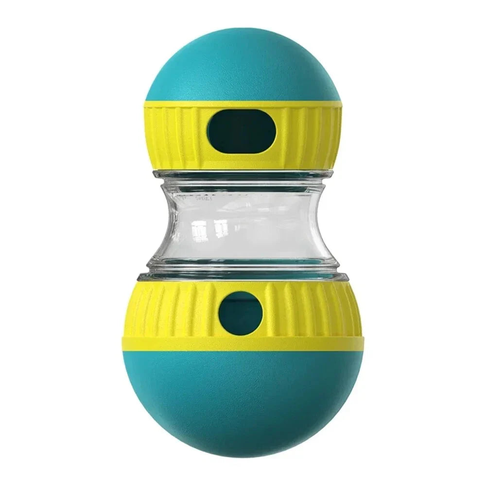 Interactive dog feeding toy with slow-feed tumbler and IQ-enhancing ball track