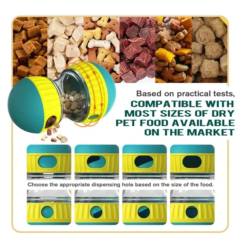 Interactive dog feeding toy with slow-feed tumbler and IQ-enhancing ball track