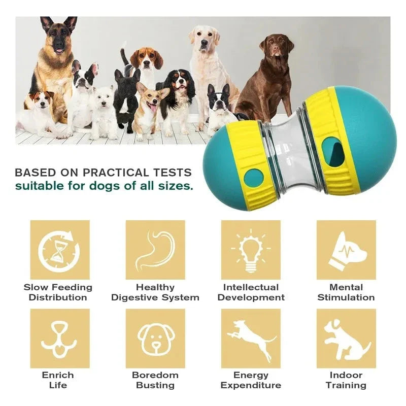 Interactive dog feeding toy with slow-feed tumbler and IQ-enhancing ball track
