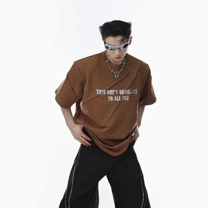 Niche Three-dimensional Printed Padded Shoulder T-shirt for Men in Black and Brown colors
