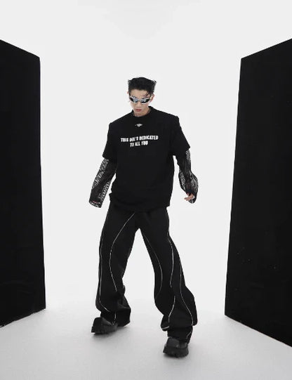 Niche Three-dimensional Printed Padded Shoulder T-shirt for Men in Black and Brown colors