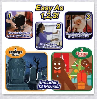 Halloween Holographic Projection - A versatile device that transforms your home into a spooky, immersive Halloween display with 12 pre-loaded holiday movies and built-in audio.