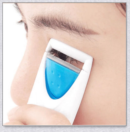 Heated Electric Eyelash Curler with three color options - blue, yellow, and pink. Compact and portable design for effortless lash curling on the go.