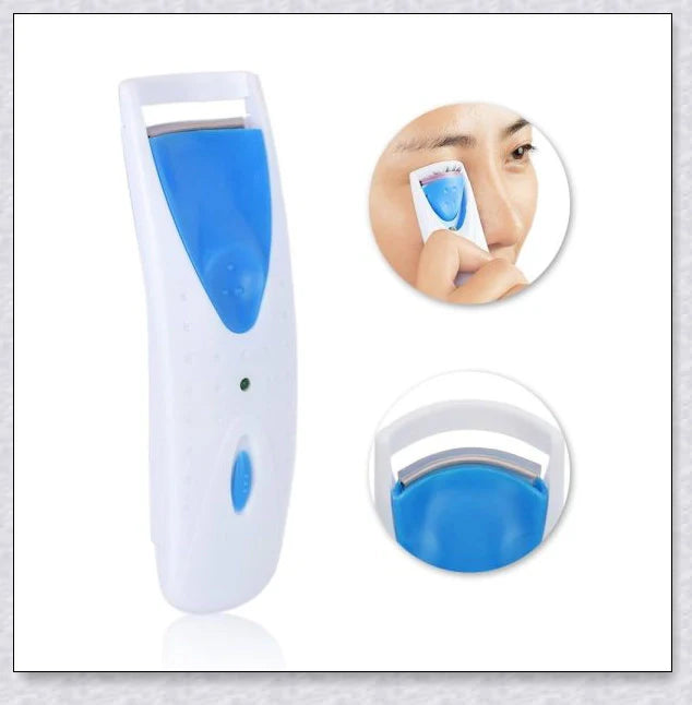 Heated Electric Eyelash Curler with three color options - blue, yellow, and pink. Compact and portable design for effortless lash curling on the go.