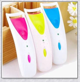Heated Electric Eyelash Curler with three color options - blue, yellow, and pink. Compact and portable design for effortless lash curling on the go.