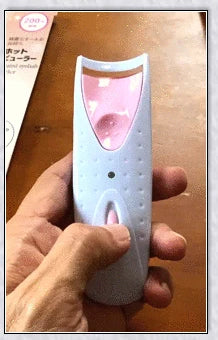 Heated Electric Eyelash Curler with three color options - blue, yellow, and pink. Compact and portable design for effortless lash curling on the go.