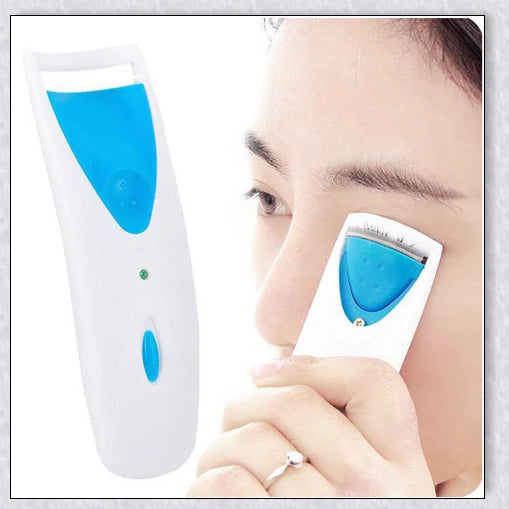 Heated Electric Eyelash Curler with three color options - blue, yellow, and pink. Compact and portable design for effortless lash curling on the go.