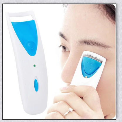 Heated Electric Eyelash Curler with three color options - blue, yellow, and pink. Compact and portable design for effortless lash curling on the go.