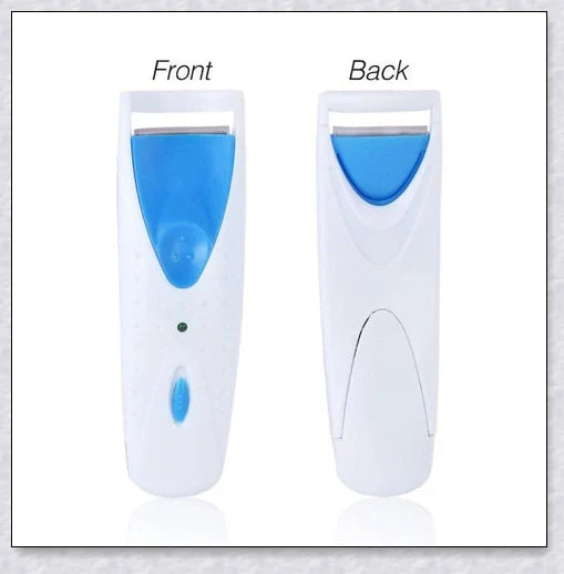 Heated Electric Eyelash Curler with three color options - blue, yellow, and pink. Compact and portable design for effortless lash curling on the go.