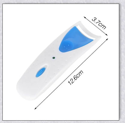 Heated Electric Eyelash Curler with three color options - blue, yellow, and pink. Compact and portable design for effortless lash curling on the go.