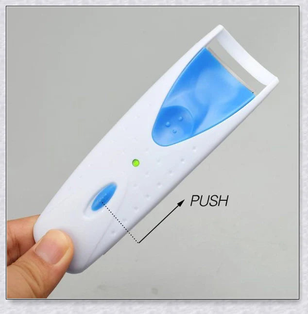 Heated Electric Eyelash Curler with three color options - blue, yellow, and pink. Compact and portable design for effortless lash curling on the go.