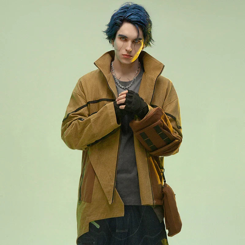 Asymmetric medium and long sandstone wind coat with zipper closure and stand collar, made of 100% premium cotton fabric.