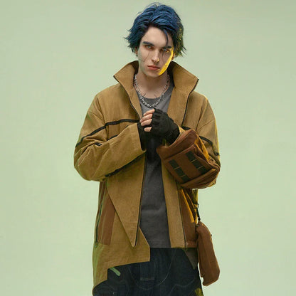 Asymmetric medium and long sandstone wind coat with zipper closure and stand collar, made of 100% premium cotton fabric.