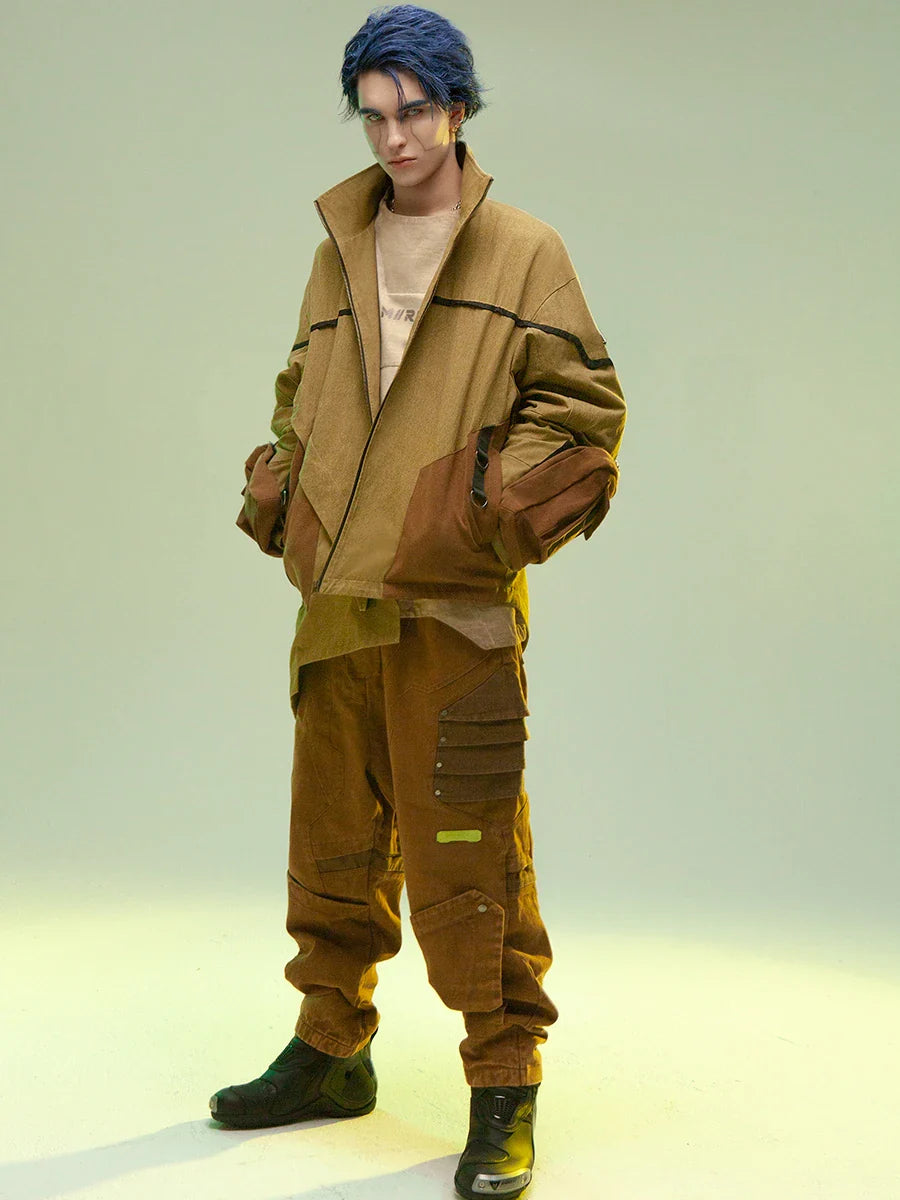 Asymmetric medium and long sandstone wind coat with zipper closure and stand collar, made of 100% premium cotton fabric.