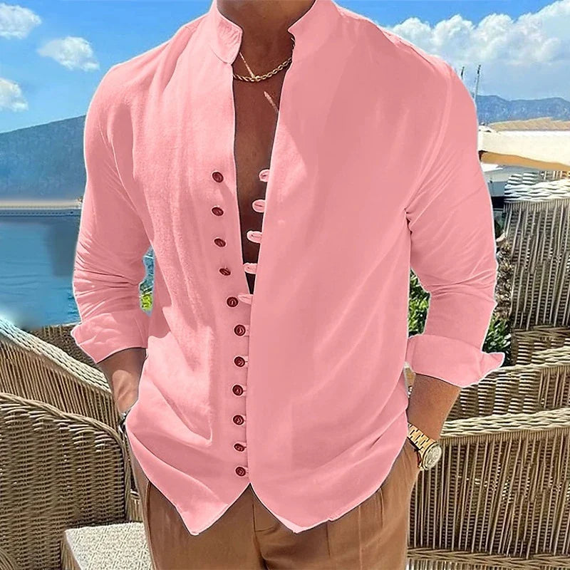 Retro Button Design Long-sleeved Shirt in white, a men's casual loose top with a standing collar and long sleeves