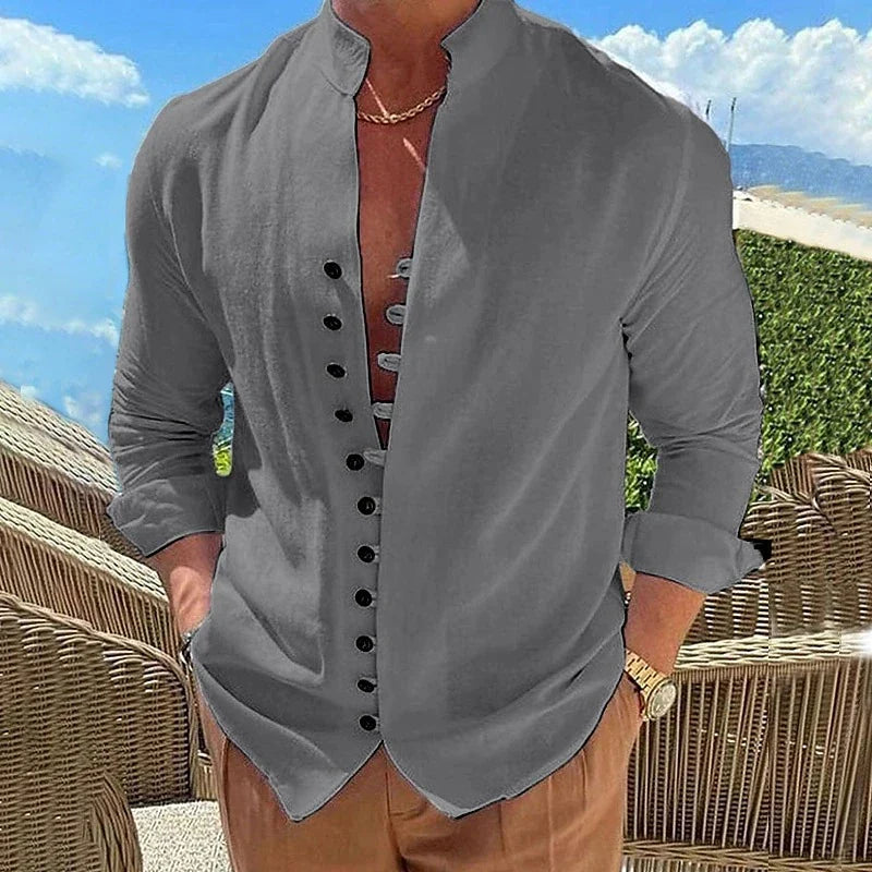 Retro Button Design Long-sleeved Shirt in white, a men's casual loose top with a standing collar and long sleeves