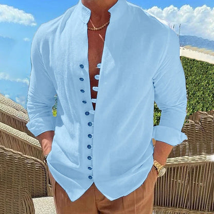Retro Button Design Long-sleeved Shirt in white, a men's casual loose top with a standing collar and long sleeves