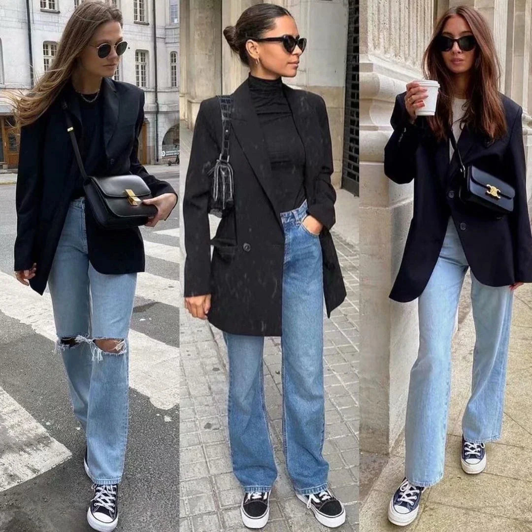 Premium cotton denim jeans with double-knee design and rolled edge detail for enhanced durability and modern style