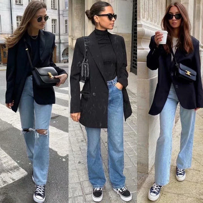 Premium cotton denim jeans with double-knee design and rolled edge detail for enhanced durability and modern style