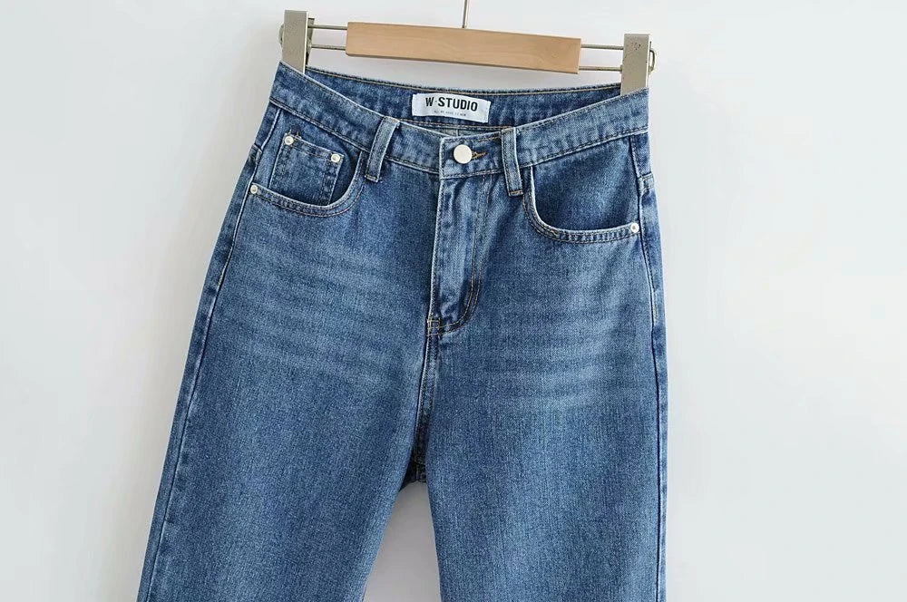 Premium cotton denim jeans with double-knee design and rolled edge detail for enhanced durability and modern style