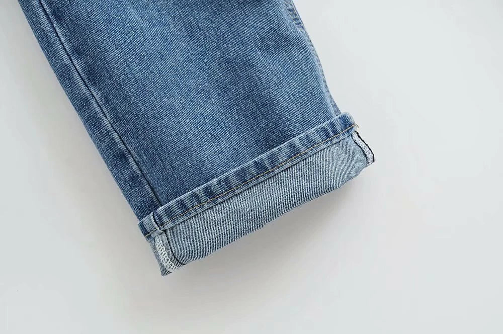 Premium cotton denim jeans with double-knee design and rolled edge detail for enhanced durability and modern style