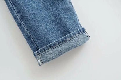 Premium cotton denim jeans with double-knee design and rolled edge detail for enhanced durability and modern style