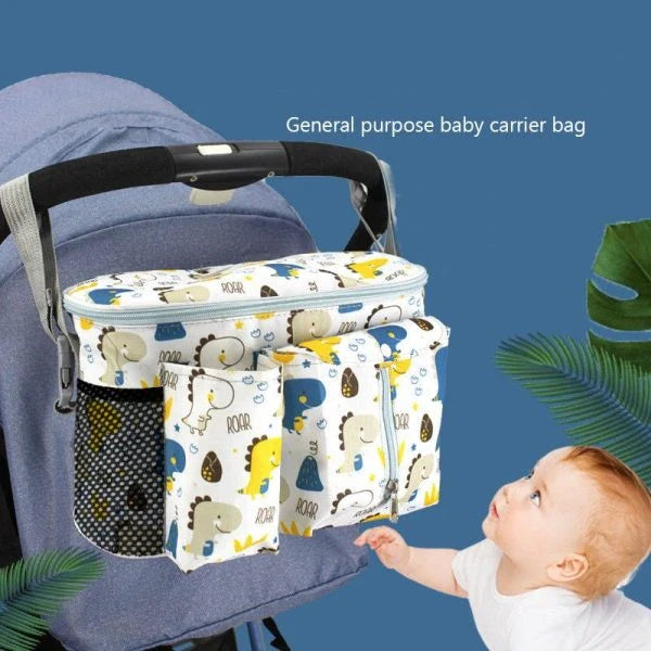 Adjustable baby stroller organizer in various colorful designs, with storage pockets and an adjustable handle for convenient carrying.