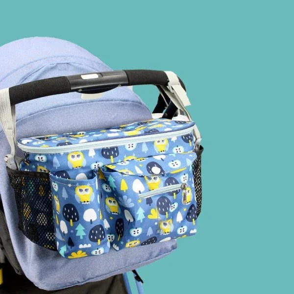 Adjustable baby stroller organizer in various colorful designs, with storage pockets and an adjustable handle for convenient carrying.