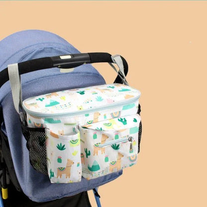 Adjustable baby stroller organizer in various colorful designs, with storage pockets and an adjustable handle for convenient carrying.