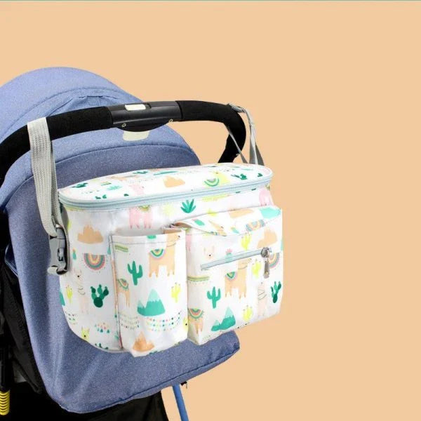 Adjustable baby stroller organizer in various colorful designs, with storage pockets and an adjustable handle for convenient carrying.