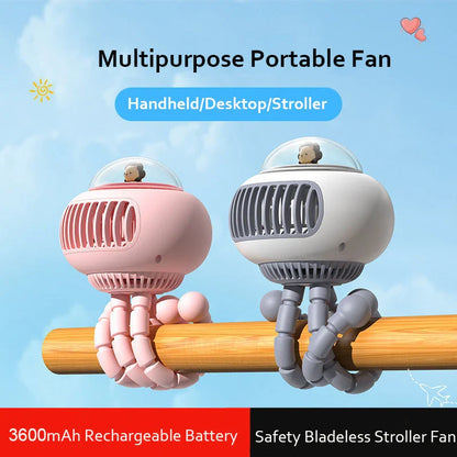 Lovely Cartoon Portable Safe Stroller Fan with bladeless design and 130° rotation for versatile cooling