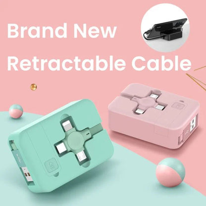 3-in-1 retractable USB cable with macaron-style connectors and built-in phone stand for charging and data transfer