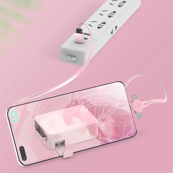 3-in-1 retractable USB cable with macaron-style connectors and built-in phone stand for charging and data transfer