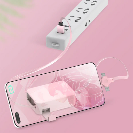 3-in-1 retractable USB cable with macaron-style connectors and built-in phone stand for charging and data transfer