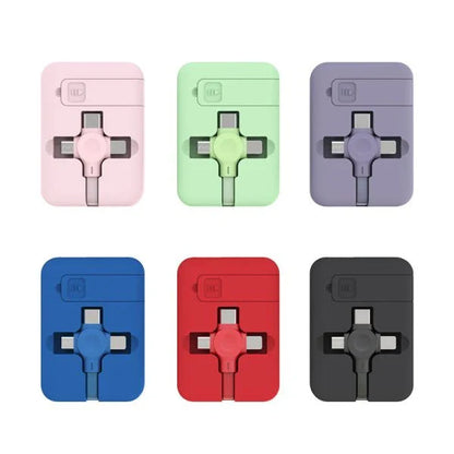 3-in-1 retractable USB cable with macaron-style connectors and built-in phone stand for charging and data transfer